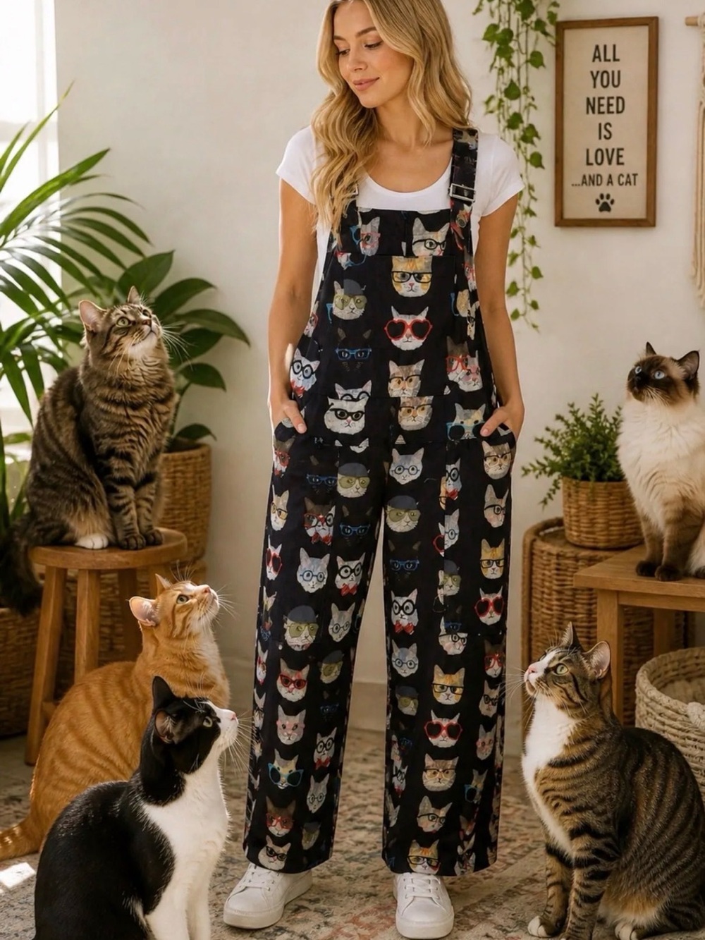 Black Cat-Pattern Wide-Leg Jumpsuit